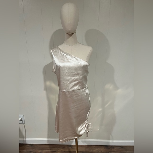 Glam One Shoulder Mini Dress w Cinched/Ruched Side, Champagne Cream Color - Picture 1 of 6